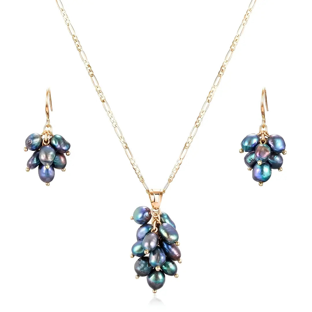 18K Gold Filled Baroque Pearl Set – Dark Iridescent Grape Cluster Pendant Necklace with 60cm Figaro Chain & Matching Drop Earrings