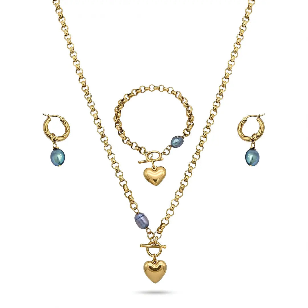 18K Gold Filled Pearl Heart 3-Piece Jewellery Set – 12mm Freshwater Baroque Pearls, Puffy Heart Charms & 6mm Belcher Chain (Necklace, Bracelet & Drop Earrings)