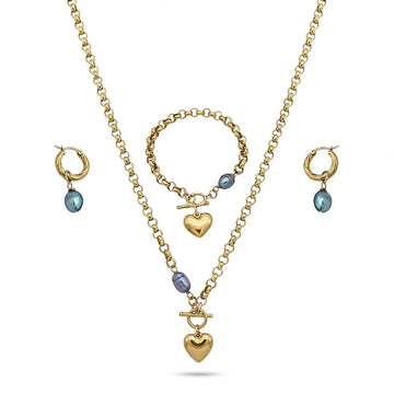 18K Gold Filled Pearl Heart 3-Piece Jewellery Set – 12mm Freshwater Baroque Pearls, Puffy Heart Charms & 6mm Belcher Chain (Necklace, Bracelet & Drop Earrings)