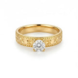 18K Gold Filled Starburst Diamond Solitaire Ring – Celestial Engraved Band with Brilliant-Cut Center Stone & Milgrain Borders (US Size 12)