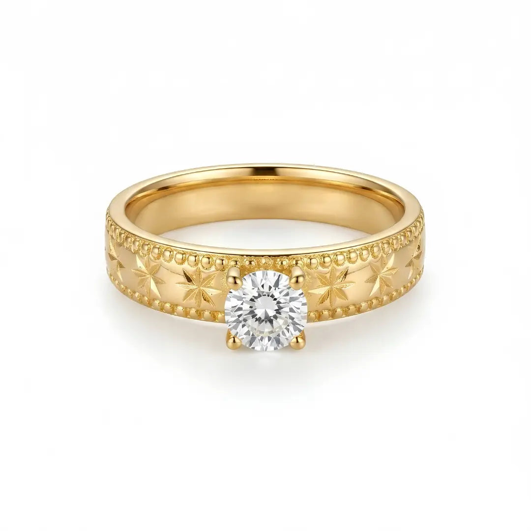 18K Gold Filled Starburst Diamond Solitaire Ring – Celestial Engraved Band with Brilliant-Cut Center Stone & Milgrain Borders (US Size 12)