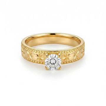 18K Gold Filled Starburst Diamond Solitaire Ring – Celestial Engraved Band with Brilliant-Cut Center Stone & Milgrain Borders (US Size 12)