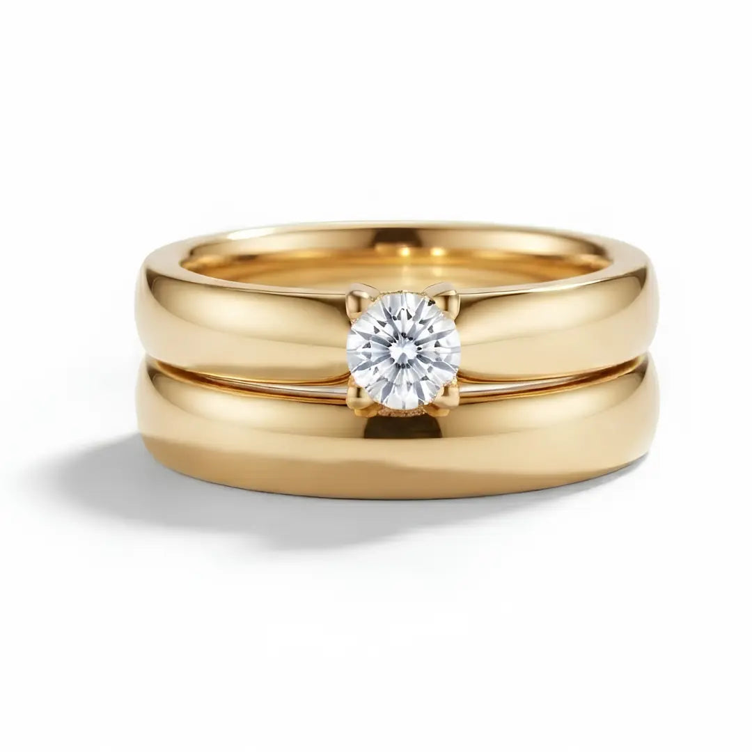 18K Gold Filled Couple Ring Set – Solitaire Statement Ring with Matching Curved Contour Nesting Band (US Sizes 9–13)