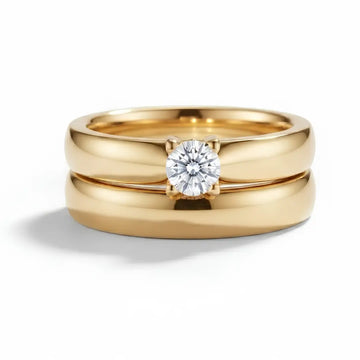 18K Gold Filled Couple Ring Set – Solitaire Statement Ring with Matching Curved Contour Nesting Band (US Sizes 9–13)