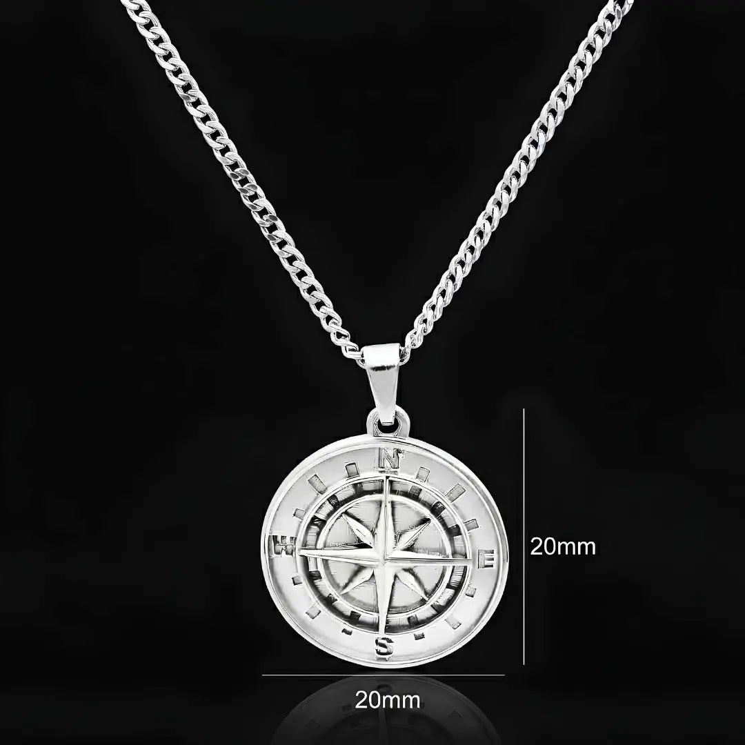 Silver Rhodium Plated Compass Coin Medallion Pendant Necklace – Nautical Star with Cardinal Direction Markers & 60cm x 3mm Cuban Link Chain for Men