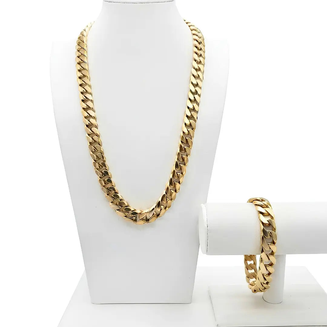 18K Gold Filled Heavy Cuban Link Chain & Bracelet 2-Piece Set – 12mm Flat-Beveled Curb Links (60cm Necklace & 23cm Bracelet) for Men