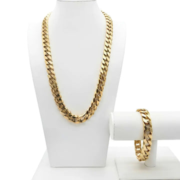 18K Gold Filled 60cm X 12mm Flat-Beveled Heavy Cuban Chain & Bracelet 2-Piece Set