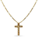 18K Gold Filled Crucifix Necklace – Sculpted 40mm x 25mm Christian Corpus Cross Pendant with 60cm x 3mm Figaro Chain for Men
