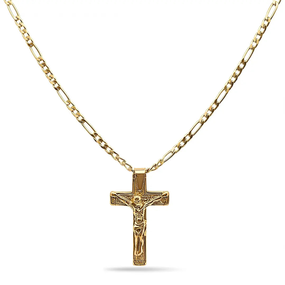 18K Gold Filled Crucifix Necklace – Sculpted 40mm x 25mm Christian Corpus Cross Pendant with 60cm x 3mm Figaro Chain for Men