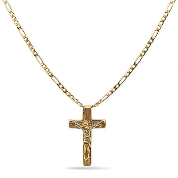 18K Gold Filled Crucifix Necklace – Sculpted 40mm x 25mm Christian Corpus Cross Pendant with 60cm x 3mm Figaro Chain for Men