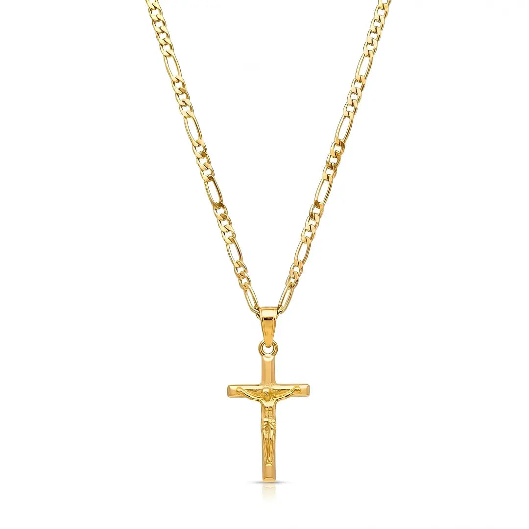 18K Gold Filled Classic Crucifix Necklace – Sculpted 30mm x 18mm Christian Cross Pendant with 60cm x 3mm Figaro Chain for Men