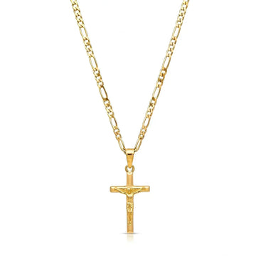 18K Gold Filled Classic Crucifix Necklace – Sculpted 30mm x 18mm Christian Cross Pendant with 60cm x 3mm Figaro Chain for Men
