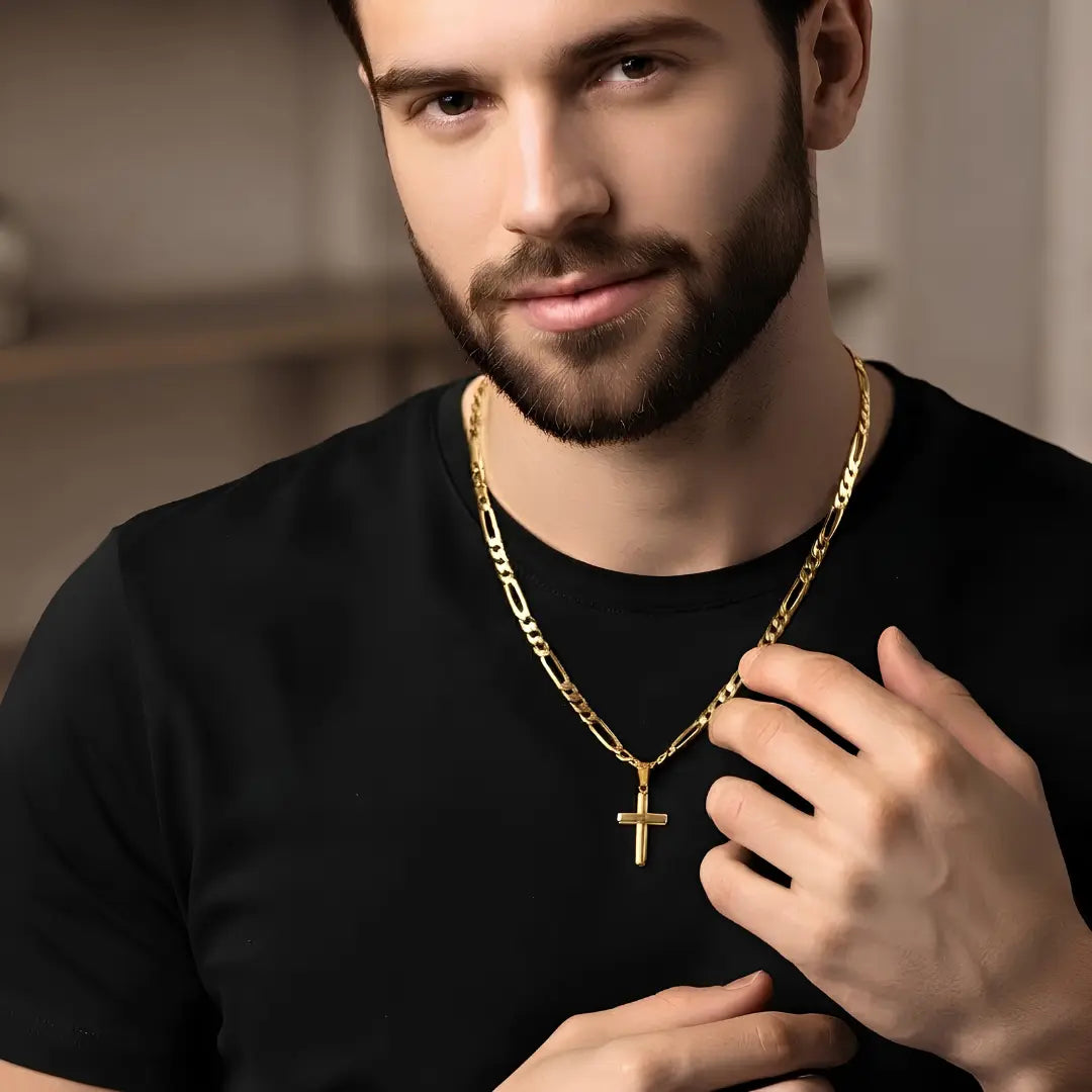 18K Gold Filled Minimalist Cross Necklace – Classic 16mm Latin Cross Pendant with 60cm x 3mm Figaro Chain for Men