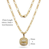 18K Gold Filled "KING" Inset Sovereign Pendant Necklace – 20mm x 20mm Chiseled Square Medallion with Deep Shadow Inset, Pavé Halo & 60cm+5cm Figaro Chain for Men
