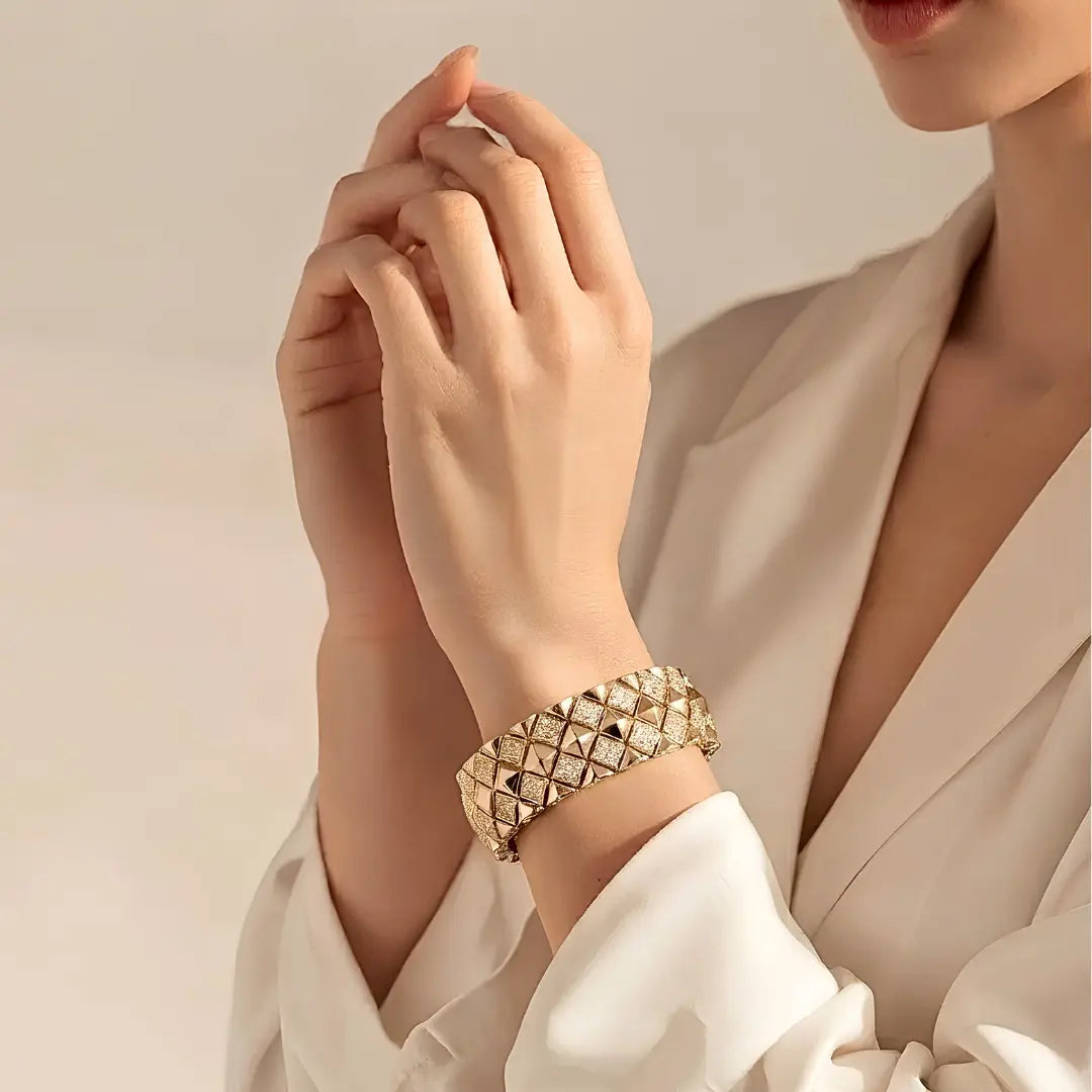 18K  Gold Filled Pyramid Stud Pavé CZ Bracelet – Geometric Clous de Paris Crystal Statement Link Bracelet for Women & Men
