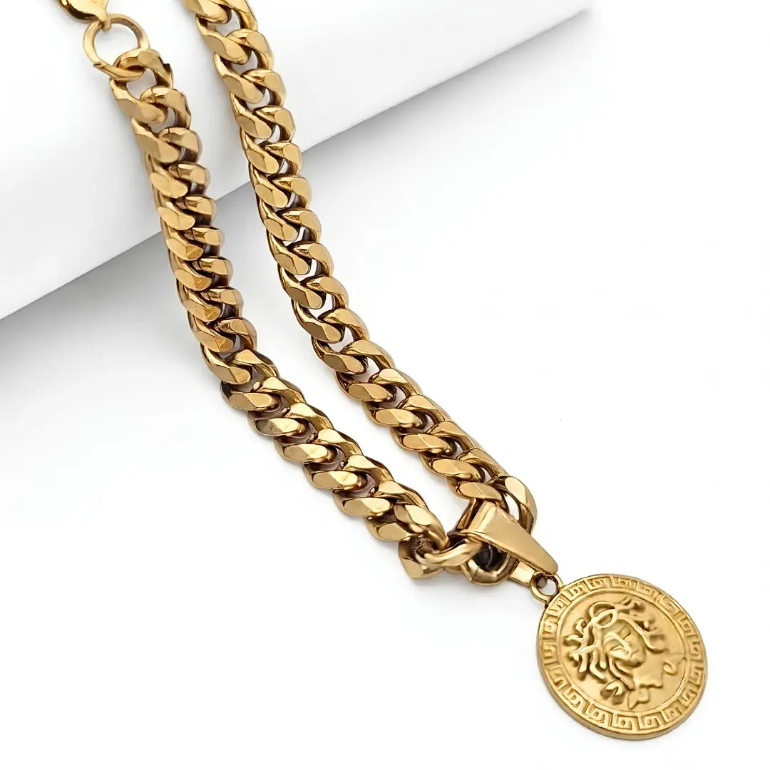 18K Gold Filled Greek Mythology Coin Medallion Pendant Necklace – Classical High-Relief Mythic Motif with Greek Key Border & Heavy 60cm x 8mm Cuban Link Chain for Men