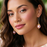 18K Gold Filled Hawaiian Long Wire Drop Earrings with Pink Pearl Accent