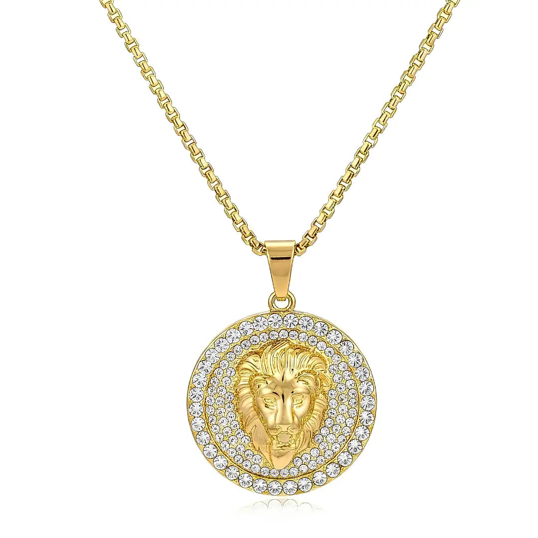 65CM x 3MM 18K Gold Filled Lion Head Medallion Pendant Necklace with Iced Crystal Halo &  Box Chain – Tarnish-Proof Statement Jewelry