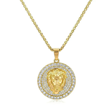 65CM x 3MM 18K Gold Filled Lion Head Medallion Pendant Necklace with Iced Crystal Halo &  Box Chain – Tarnish-Proof Statement Jewelry