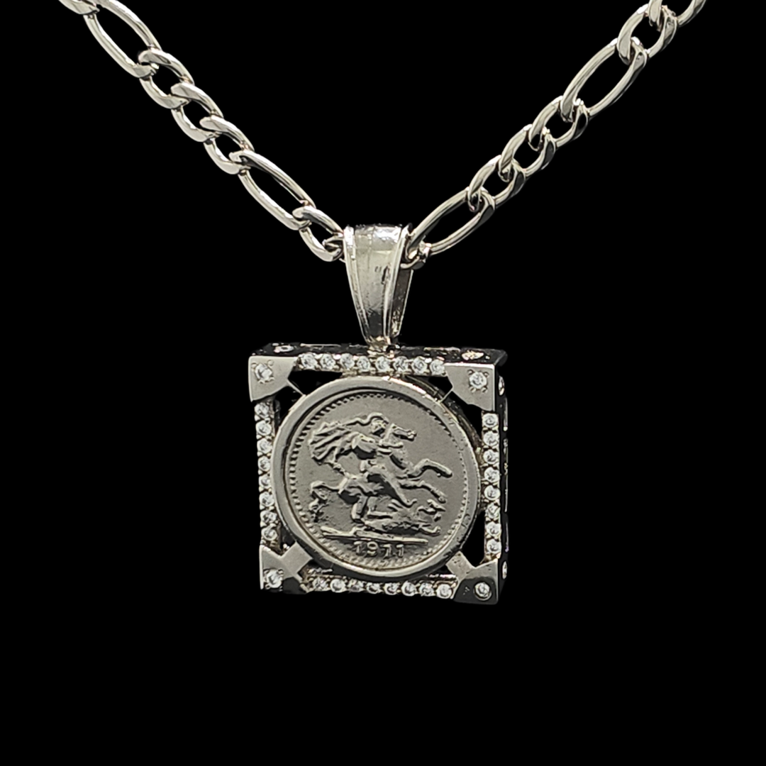 Silver Rhodium Plated Square Sovereign Pendant Necklace