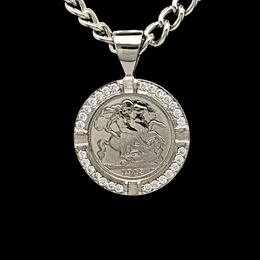Silver  1913 Full Sovereign Pendant Necklace with CZ