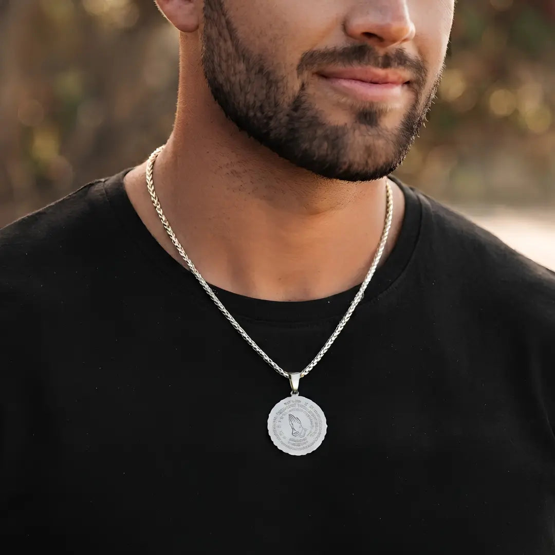 Serenity Prayer & Praying Hands Medallion Necklace (Black, Gold & Silver Tone) – 52cm Belcher Chain