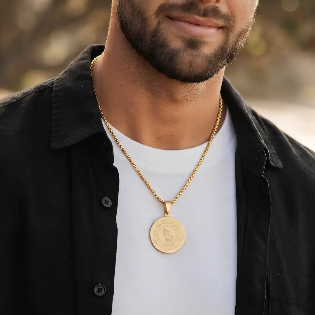 Serenity Prayer & Praying Hands Medallion Necklace (Black, Gold & Silver Tone) – 52cm Belcher Chain