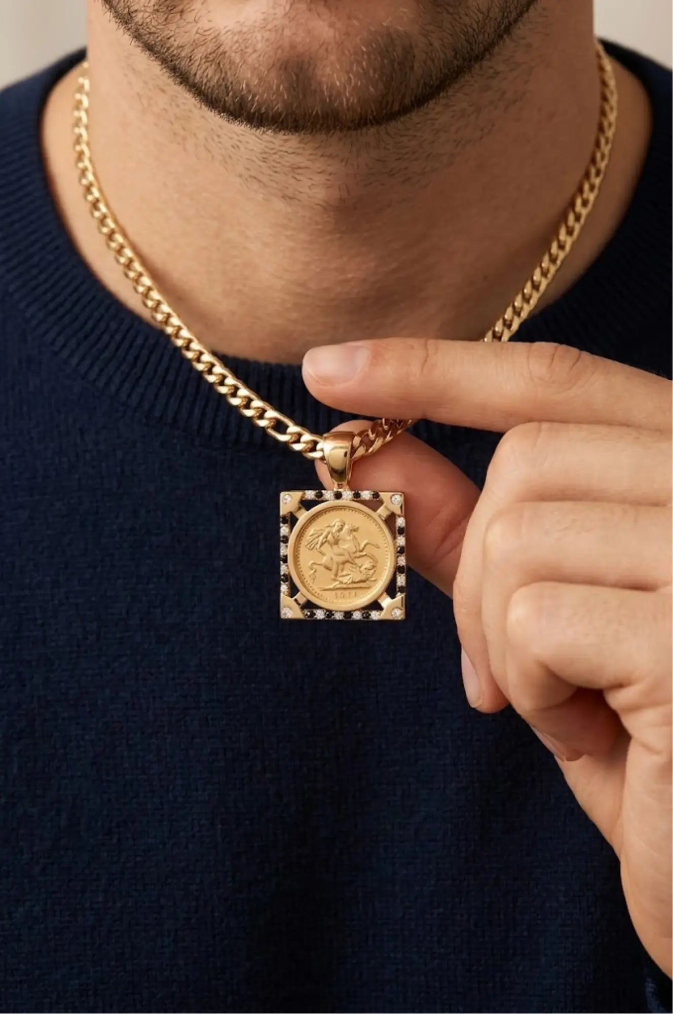 18K Gold Filled Square Sovereign With Black & White Diamonds