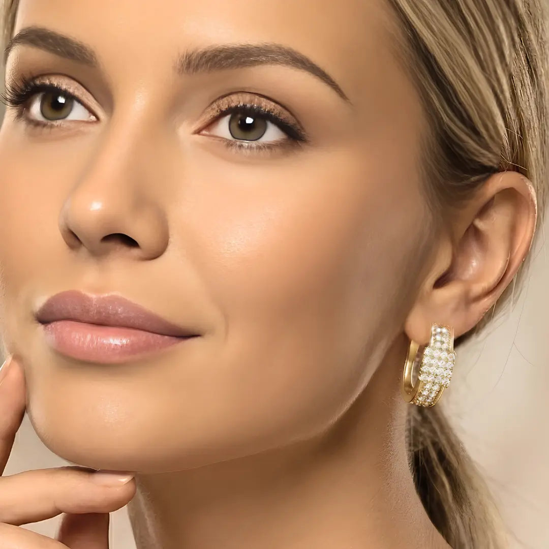 18K Gold Filled Reversible Triple-Row Pavé CZ Huggie Earrings – 18mm 2-in-1 Oval Hoop Earrings for Women
