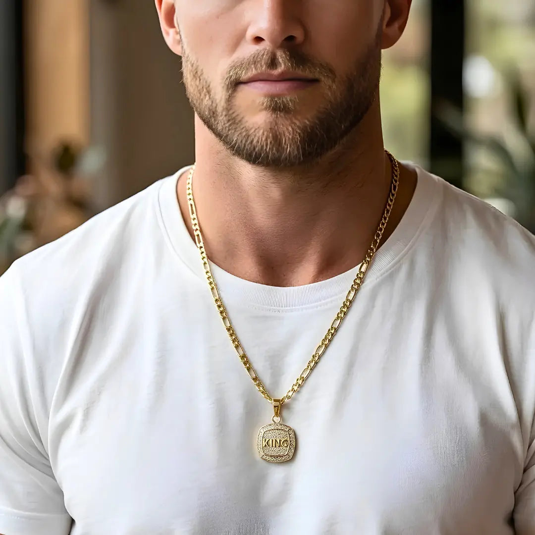 18K Gold Filled "KING" Inset Sovereign Pendant Necklace – 20mm x 20mm Chiseled Square Medallion with Deep Shadow Inset, Pavé Halo & 60cm+5cm Figaro Chain for Men