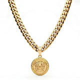 18K Gold Filled Greek Mythology Coin Medallion Pendant Necklace – Classical High-Relief Mythic Motif with Greek Key Border & Heavy 60cm x 8mm Cuban Link Chain for Men