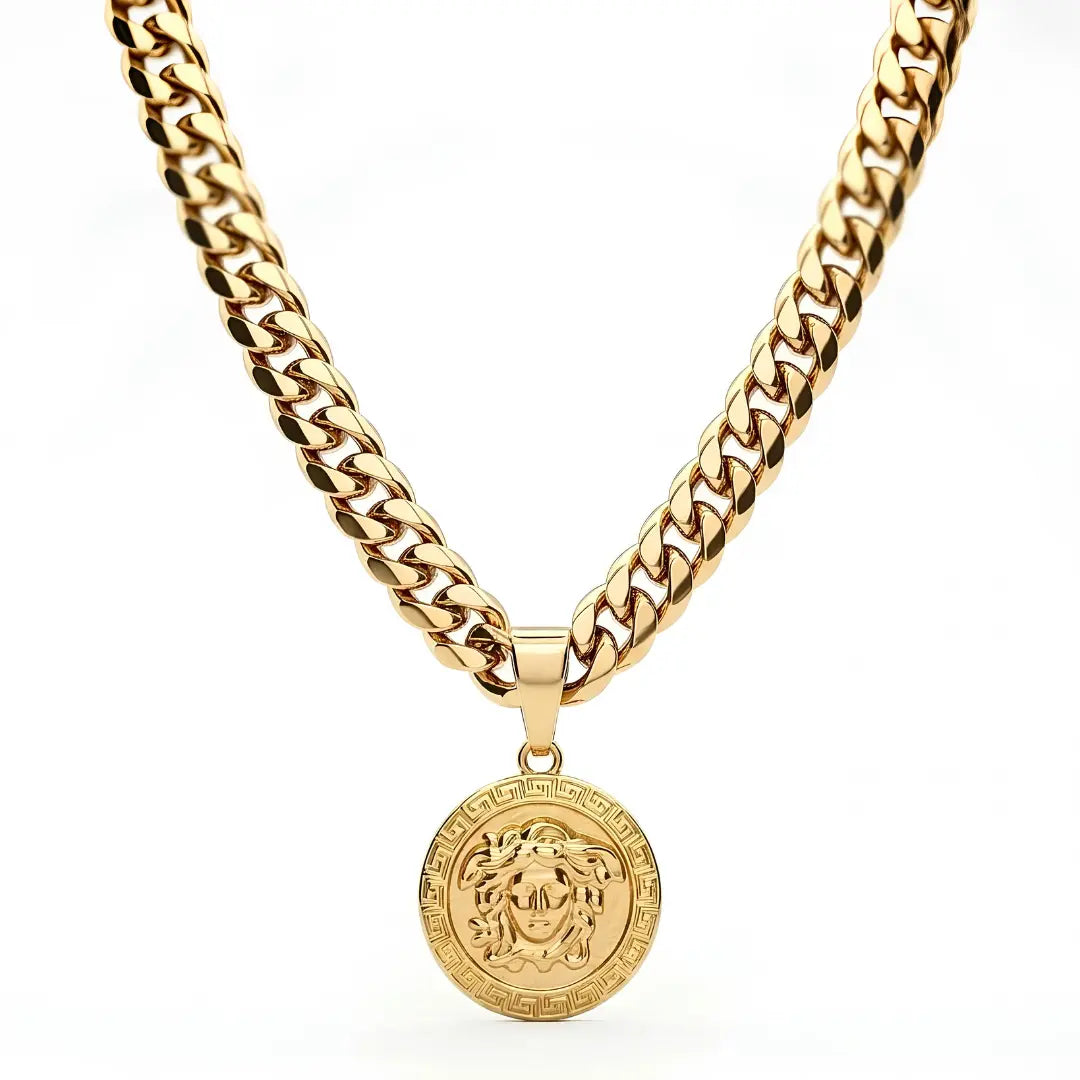 18K Gold Filled Greek Mythology Coin Medallion Pendant Necklace – Classical High-Relief Mythic Motif with Greek Key Border & Heavy 60cm x 8mm Cuban Link Chain for Men
