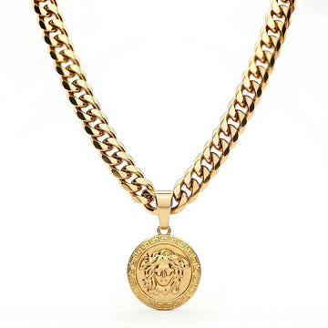 18K Gold Filled Greek Mythology Coin Medallion Pendant Necklace – Classical High-Relief Mythic Motif with Greek Key Border & Heavy 60cm x 8mm Cuban Link Chain for Men