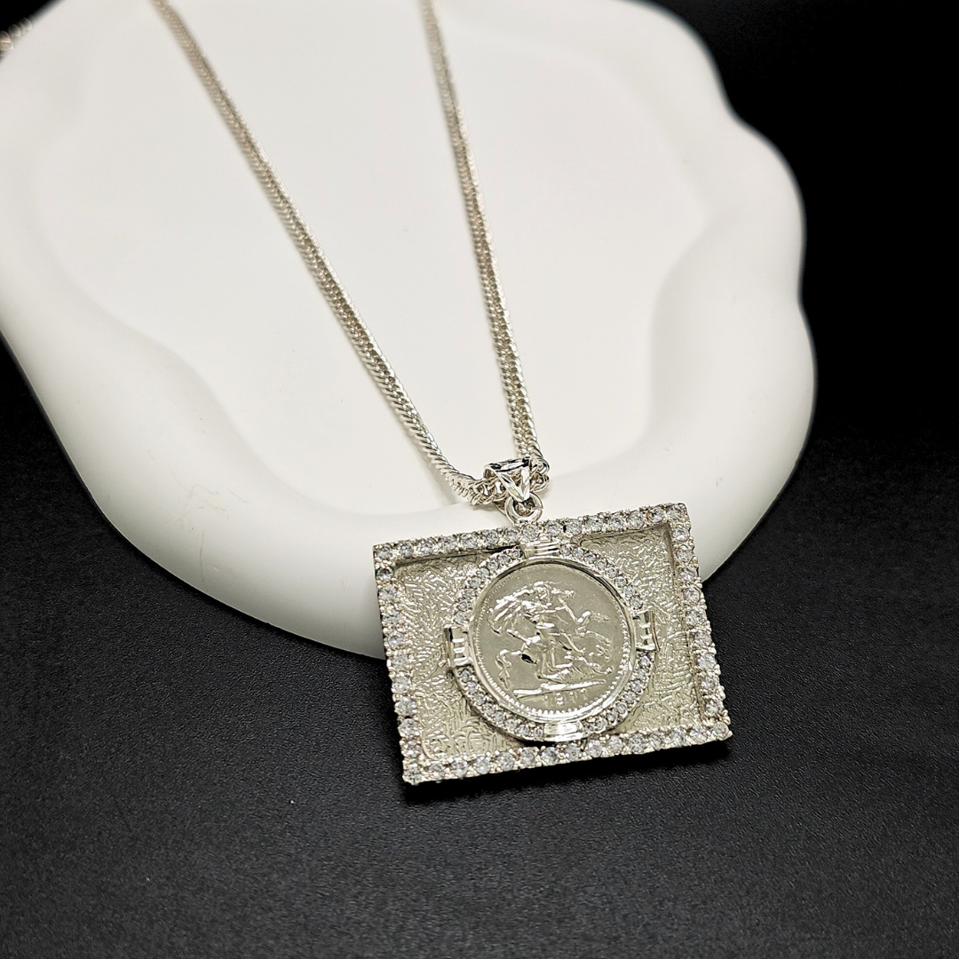 Silver Rhodium Plated Square Sovereign Pendant with CZ