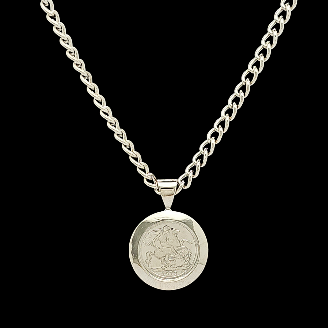 Silver Rhodium Plated Full Sovereign Pendant Necklace 1913