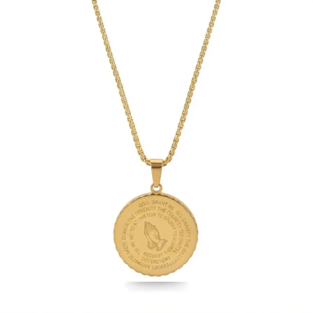 Serenity Prayer & Praying Hands Medallion Necklace (Black, Gold & Silver Tone) – 52cm Belcher Chain