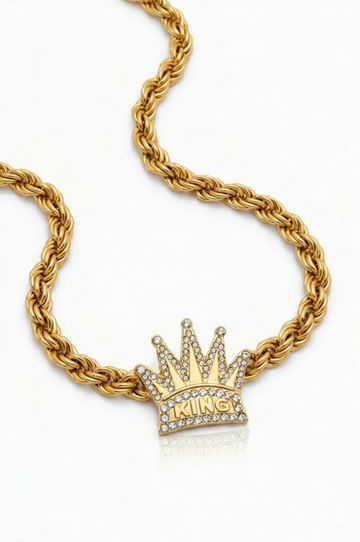 18K Gold Filled Iced Out "KING" Crown Pendant Necklace – Pavé CZ Royal Crown Rope Chain Necklace for Men & Women
