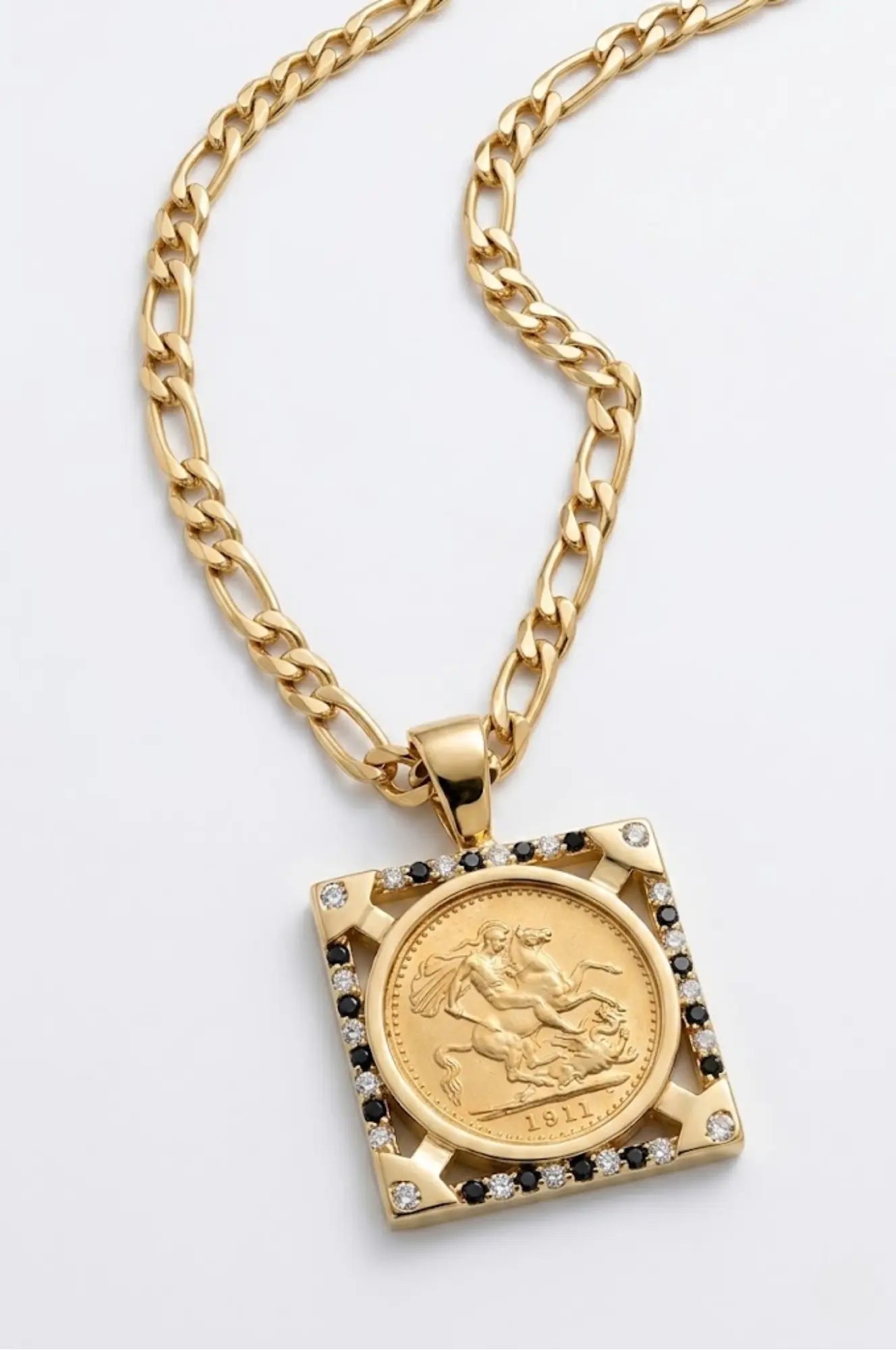 18K Gold Filled Square Sovereign With Black & White Diamonds