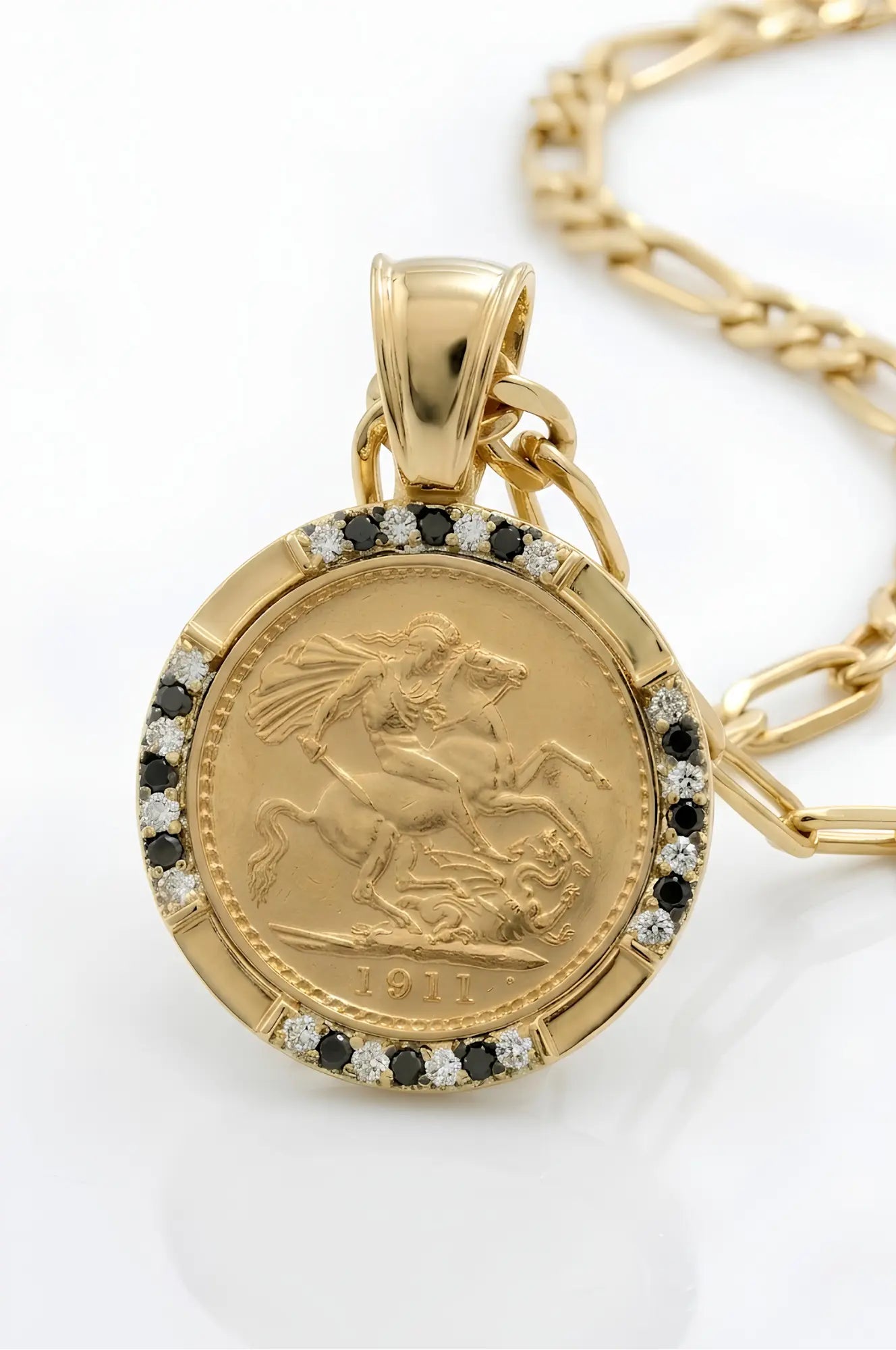 Gold Filled Tarnish Proof Sovereign Pendant with Black Stones & CZ
