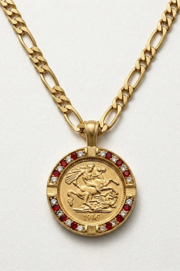 Gold Filled Customized Full Sovereign Pendant Necklace With Ruby & CZ