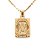 18K Gold Filled Initial Alphabet Pendant Necklace (A to Z) – Sunburst Rectangular Dog Tag Letter Necklace for Women