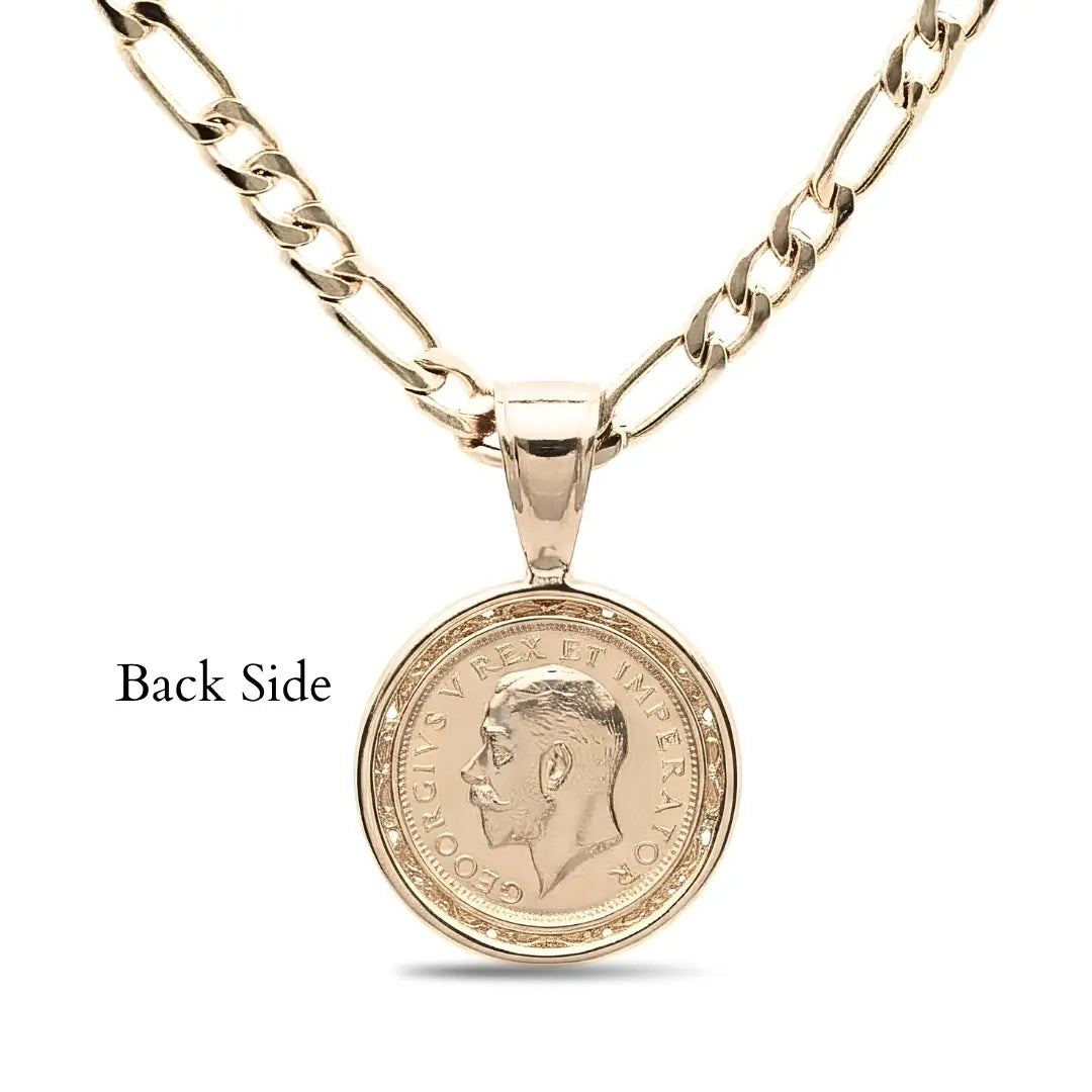 18K Gold Filled 1911 Full Sovereign Pendant Necklace with Ruby & Cubic Zirconia Halo – 24mm Medallion with 60cm Figaro Chain for Men