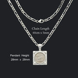 Silver Rhodium Plated Square Sovereign Pendant Necklace – 20mm x 20mm 1911 Medallion with Pavé CZ Frame & 60cm x 6mm Figaro Chain for Men