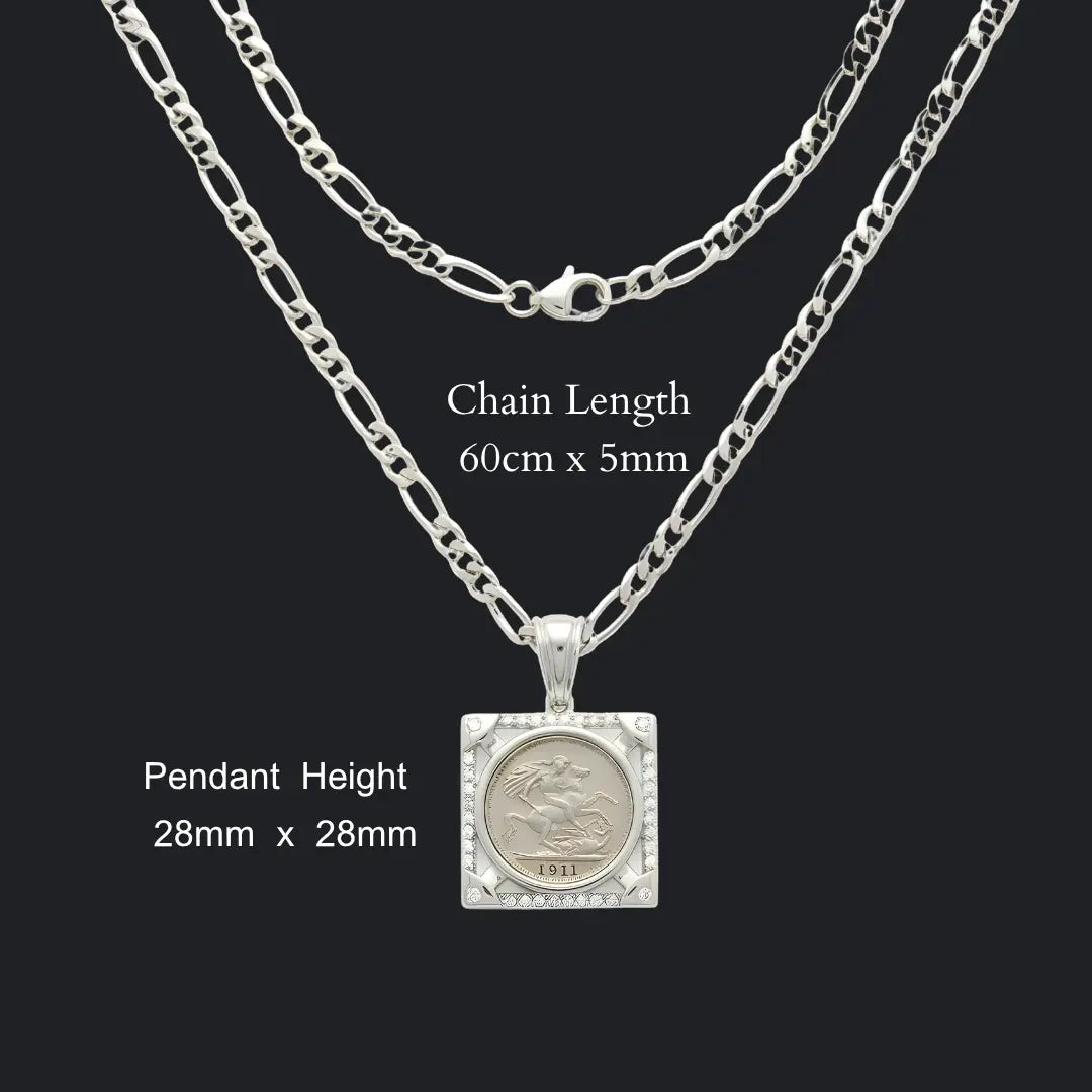 Silver Rhodium Plated Square Sovereign Pendant Necklace – 20mm x 20mm 1911 Medallion with Pavé CZ Frame & 60cm x 6mm Figaro Chain for Men