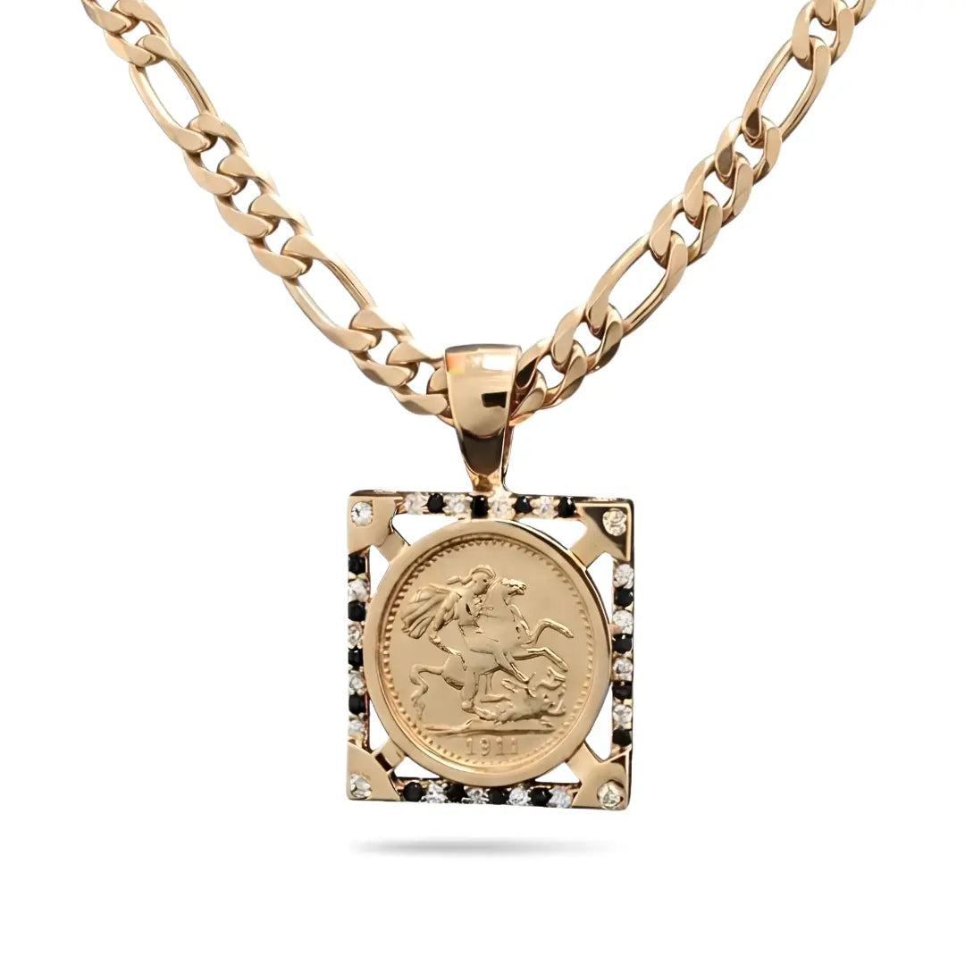 18K Gold Filled Square Sovereign Pendant Necklace with Black & White Diamonds – 20mm x 20mm Medallion with Pavé Dual-Tone Halo & 60cm x 6mm Figaro Chain for Men