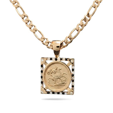 18K Gold Filled Square Sovereign Pendant Necklace with Black & White Diamonds – 20mm x 20mm Medallion with Pavé Dual-Tone Halo & 60cm x 6mm Figaro Chain for Men