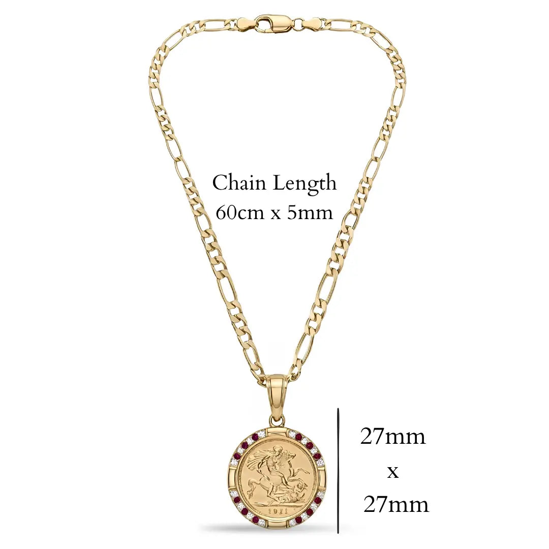 18K Gold Filled 1911 Full Sovereign Pendant Necklace with Ruby & Cubic Zirconia Halo – 24mm Medallion with 60cm Figaro Chain for Men