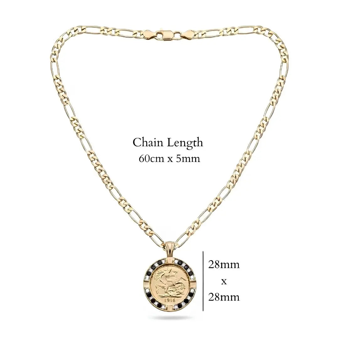 18K Gold Filled 1916 Sovereign Pendant Necklace with Black & White Diamonds – Dual-Tone Pavé Halo Heritage Medallion Necklace for Men