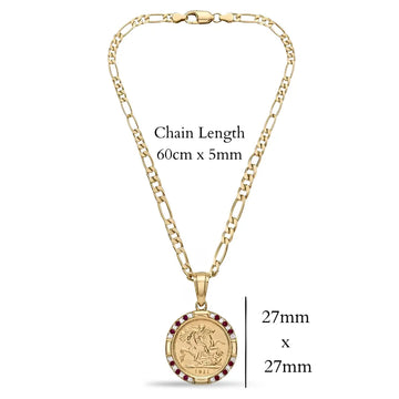 18K Gold Filled 1911 Full Sovereign Pendant Necklace with Ruby & Cubic Zirconia Halo – 24mm Medallion with 60cm Figaro Chain for Men