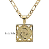 18K Gold Filled Square Sovereign Pendant Necklace with Black & White Diamonds – 20mm x 20mm Medallion with Pavé Dual-Tone Halo & 60cm x 6mm Figaro Chain for Men